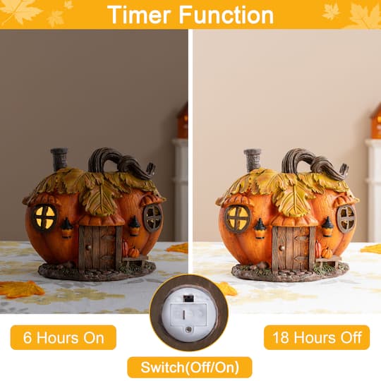 Glitzhome® 8.5" Lighted Fall Resin Pumpkin House Table Decor with Timer
